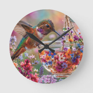 Horloge Ronde Colibri buvant du nectar dans une tasse à thé flor