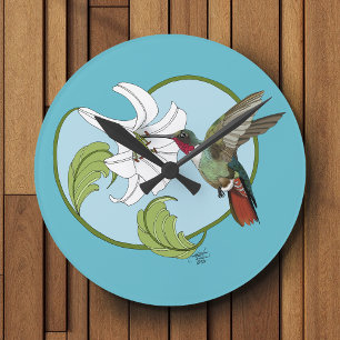 Horloge Ronde Colibri Lily Blue Art Nouveau 