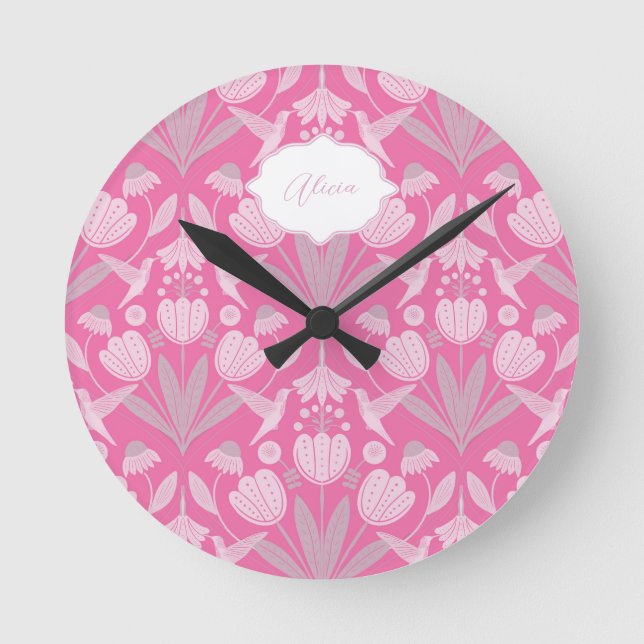 Horloge Ronde Colibri Rose Coquette Fleurs Personnalisées (Recto)