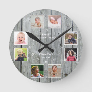 Horloge Ronde Collage de 8 photos personnalisé Bois gris rustiqu