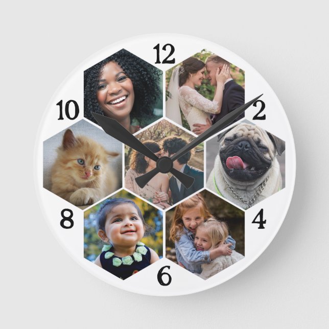 Horloge Ronde Collage de photos de famille 7 Fleur Hexagon blanc (Recto)