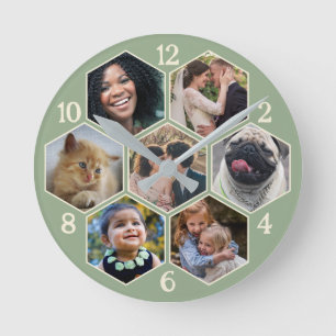 Horloge Ronde Collage de photos de famille 7 Fleur Hexagon sur m