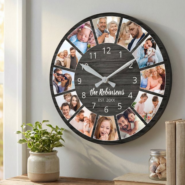 Horloge Ronde Collage de photos personnalisé en bois noir pour l (Créateur téléchargé)