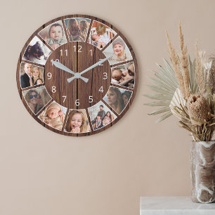 Horloge Ronde Collage personnalisé de 12 photos Bois naturel