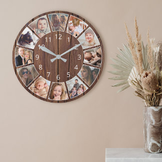Horloge Ronde Collage personnalisé de 12 photos Bois naturel