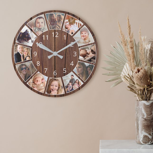 Horloge Ronde Collage personnalisé de 12 photos Bois naturel (Créateur téléchargé)