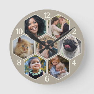 Horloge Ronde Collage photo de famille 7 Taupe personnalisée Fle