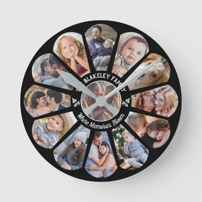 Horloge Ronde Collage Photo Famille 13 Forme Fleur Personnalisée (Recto)
