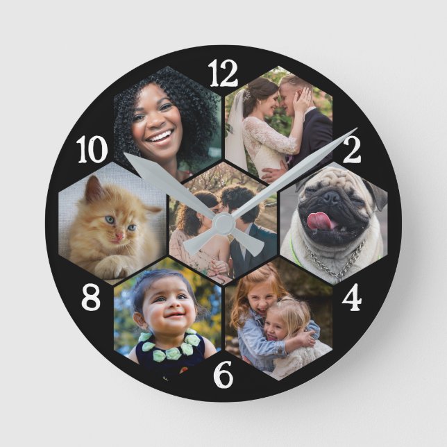 Horloge Ronde Collage Photo Famille 7 Fleur Hexagon Noir Personn (Recto)
