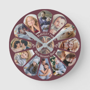 Horloge Ronde Collage photo famille Bourgogne Forme de fleurs pe