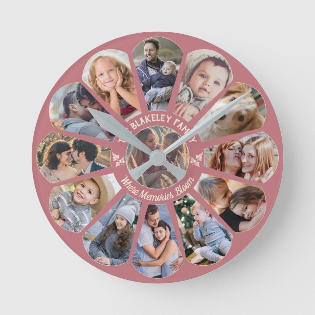 Horloge Ronde Collage Photo Famille Rose 13 Forme Fleur Personna (Recto)