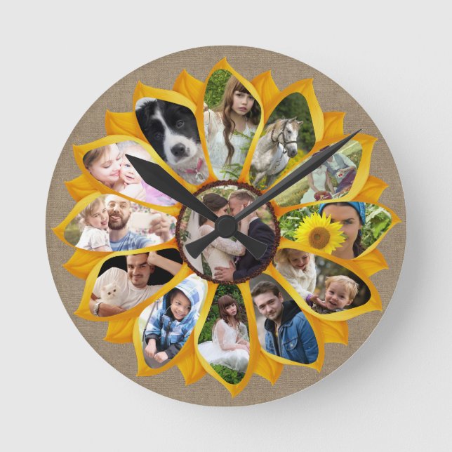 Horloge Ronde Collage photo famille Sunflower Burlap 13 Photos F (Recto)