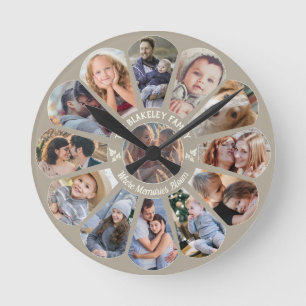 Horloge Ronde Collage Photo Famille Taupe 13 Forme Fleur Personn