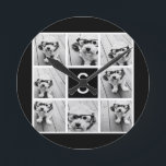 Horloge Ronde Collage photo noir et blanc Monogramme personnalis<br><div class="desc">Vous pouvez utiliser des photos Instagram pour cette conception. Utilisez 8 photos carrés pour créer un cadeau unique et personnel. Ou vous pouvez garder le chiot hipster et faire un gardien branché. Si vous avez besoin d'ajuster les images,  cliquez sur l'outil personnaliser pour apporter des modifications.</div>