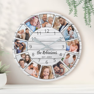 Horloge Ronde Collage photo personnalisé Famille de bois blanc