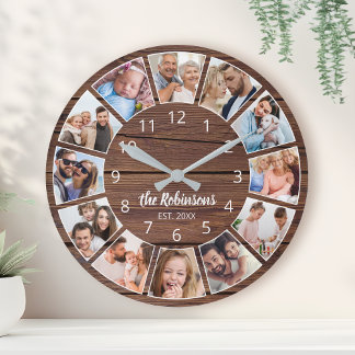 Horloge Ronde Collage photo personnalisé Famille de bois naturel