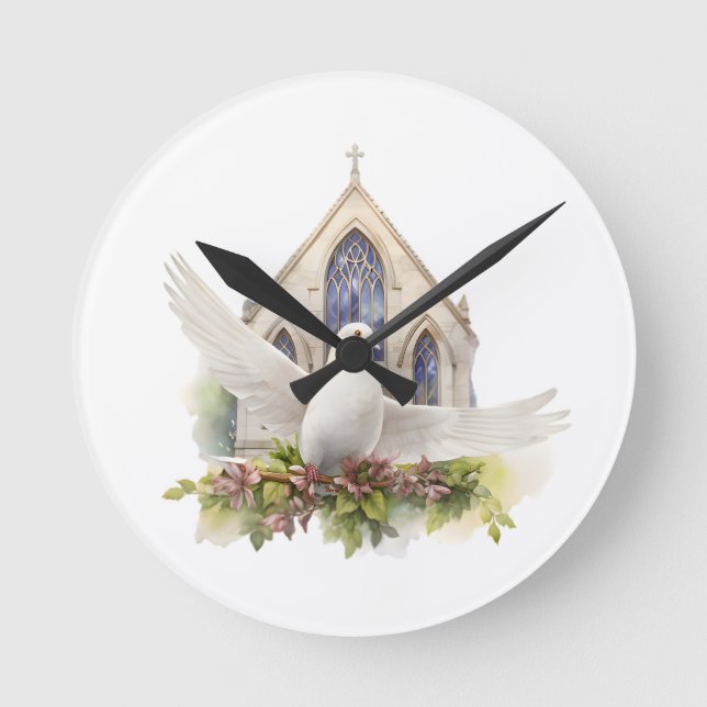 Horloge Ronde Colombe blanche avec église (Recto)