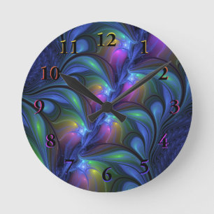 Horloge Ronde Coloré Lumineux Abstrait Bleu rose Vert Fractal