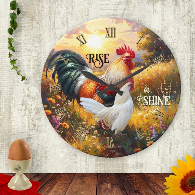 Horloge Ronde Colorful Rise and Shine Rooster (Rise and shine wall clock featuring a colorful painting of two roosters at sunrise)