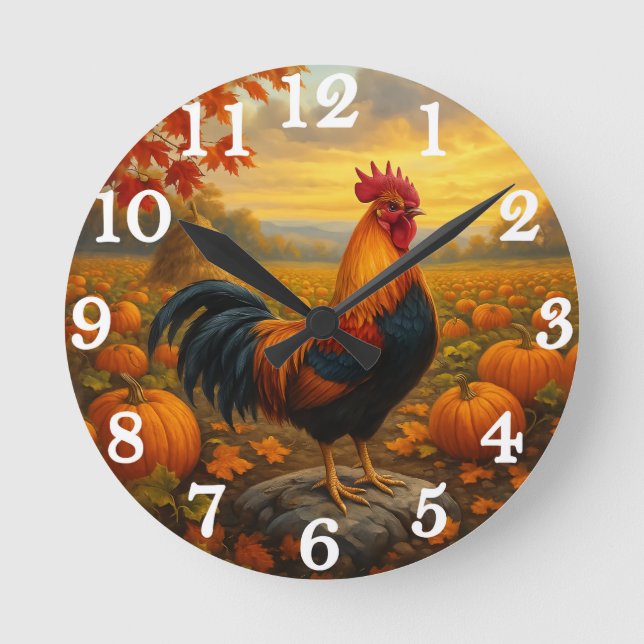Horloge Ronde Colorful rooster in autumn harvest (Recto)