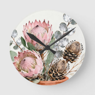 Horloge Ronde Composition de protée eucalyptus à l'aquarelle