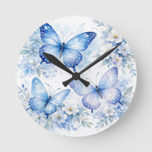 Horloge Ronde Composition florale Papillon Bleu