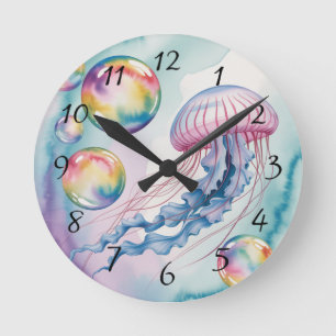 Horloge Ronde Conception aquarelle de méduse arc-en-ciel fantais