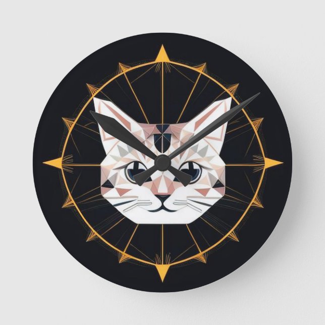 Horloge Ronde Conception de chat géométrique entourée d'étoiles  (Recto)