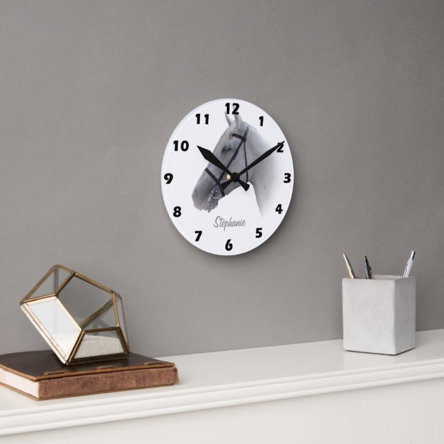 Horloge Ronde Conception de cheval grise personnalisée (Bureau)