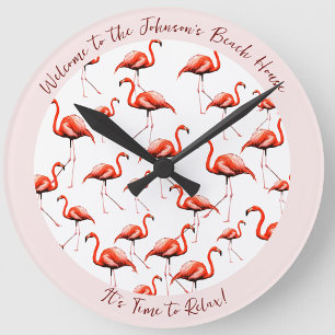 Horloge Ronde Conception de flamant rose Maison de plage Bienven