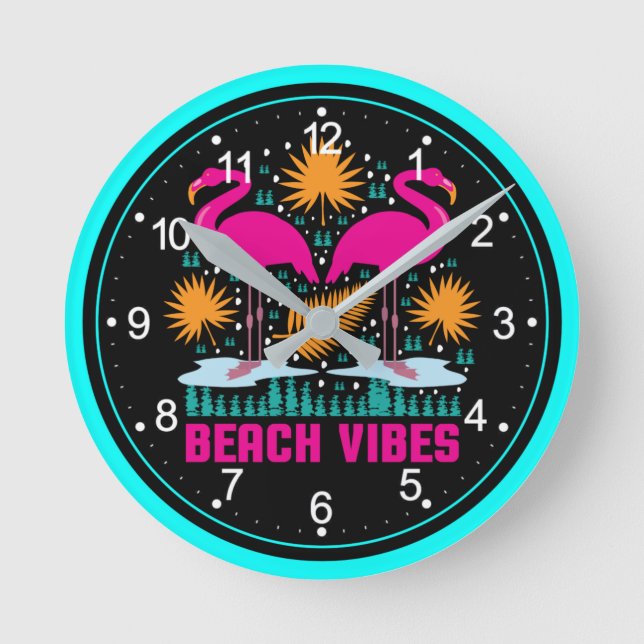 Horloge Ronde Conception de flamants roses de vibes de plage (Recto)