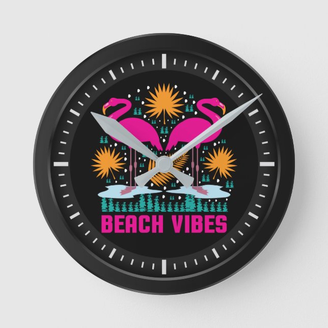 Horloge Ronde Conception de flamants roses de vibes de plage (Recto)