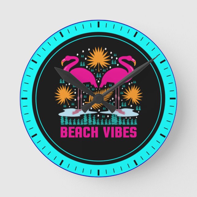 Horloge Ronde Conception de flamants roses de vibes de plage (Recto)