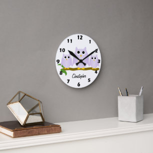 Horloge Ronde Conception de hiboux lilas personnalisés