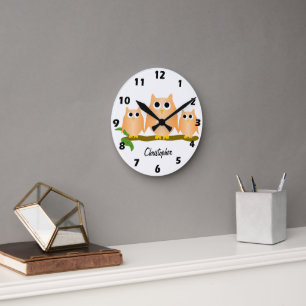 Horloge Ronde Conception de hiboux orange personnalisés