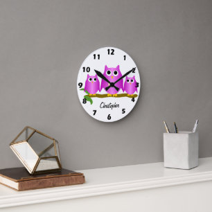 Horloge Ronde Conception de hiboux violets personnalisés