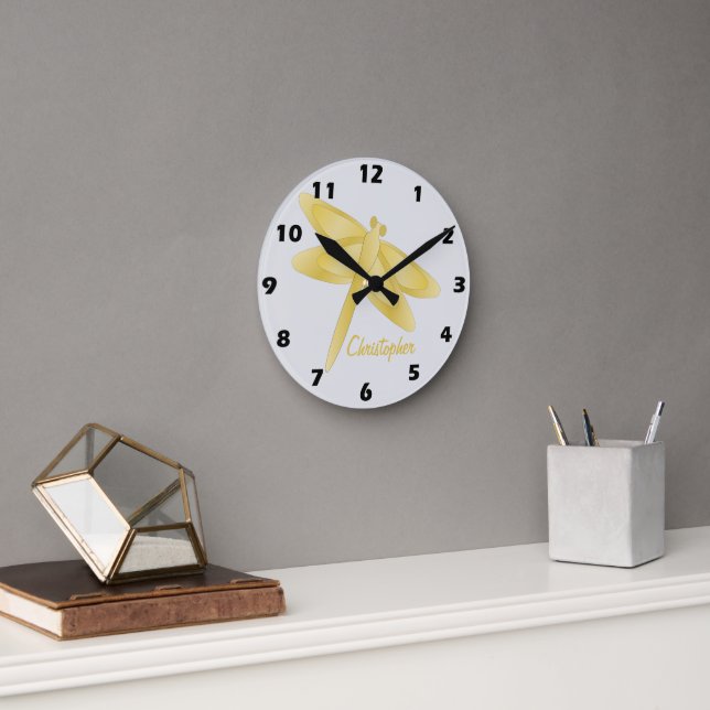 Horloge Ronde Conception de libellule dorée personnalisée (Bureau)