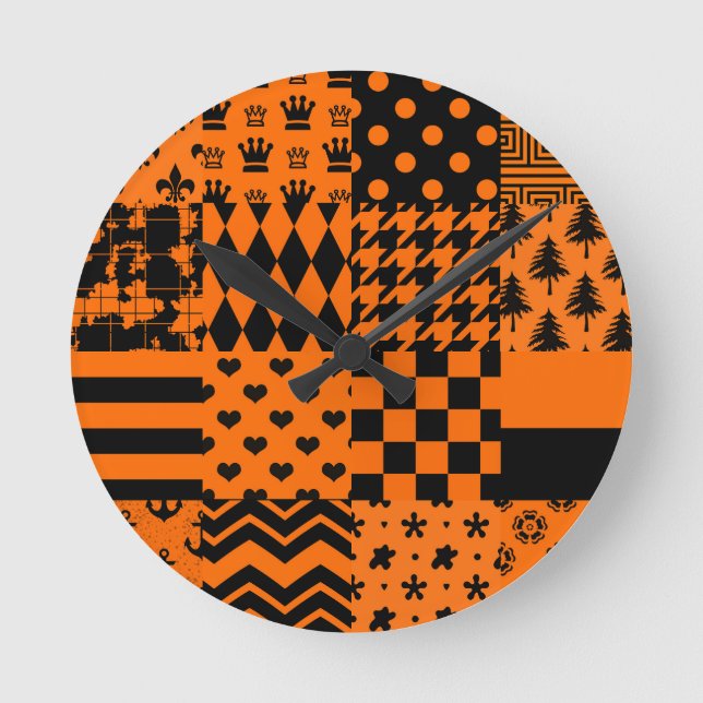 Horloge Ronde Conception de Patchwork Motif mixte orange noir (Recto)