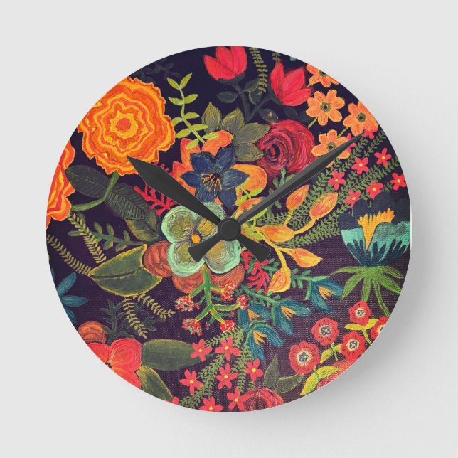 Horloge Ronde Conception florale de peinture acrylique boho (Recto)