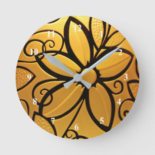Horloge Ronde Conception florale jaune doré radiante