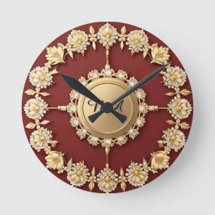 Horloge Ronde Conception Florale Ornée en Or