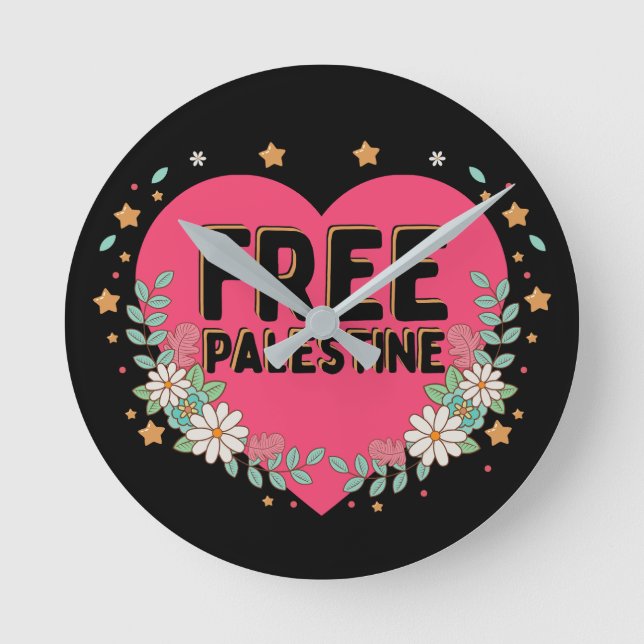 Horloge Ronde conception graphique du coeur rose de la Palestine (Recto)