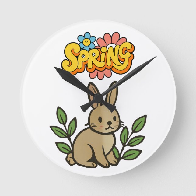 Horloge Ronde Conception Graphique Rétro Années 70 Lapin de Prin (Recto)