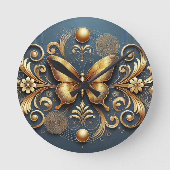 Horloge Ronde Conception Papillon Doré (Recto)