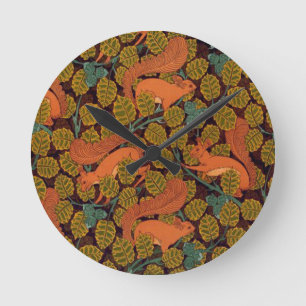 Horloge Ronde Conception vintage d'écureuil et de feuille d'art