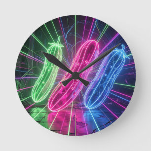 Horloge Ronde Concombres Néon Cyberpunk Lumineux