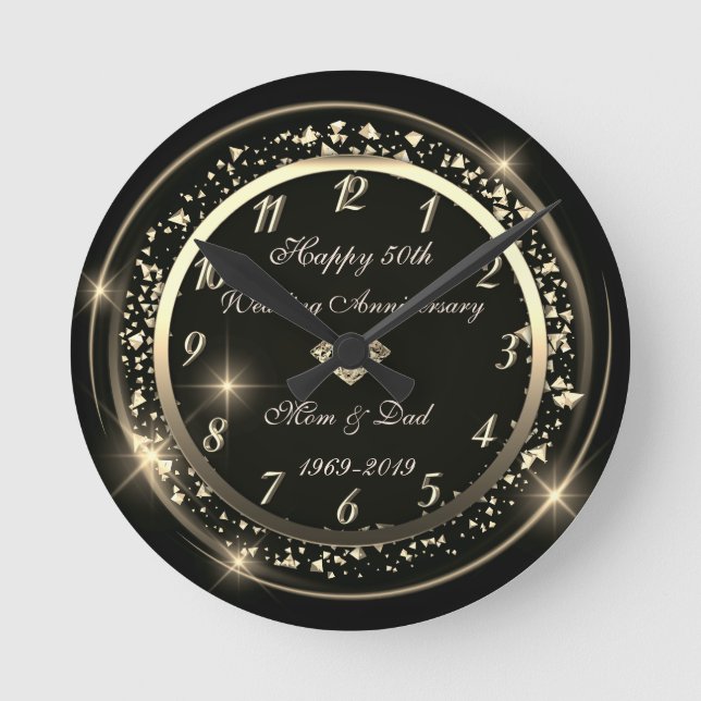 Horloge Ronde Confetti Diamant Noir 50e Anniversaire de Mariage (Recto)