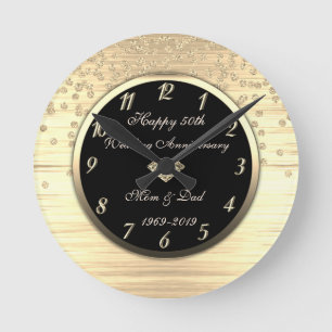 Horloge Ronde Confettis Diamant Or  50e Anniversaire de Mariage