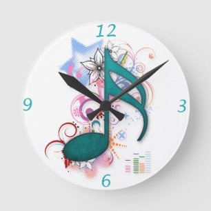 Horloge Ronde Cool bleu grunge note musique étoiles fleurs tour
