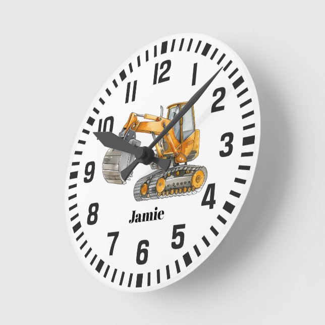 Horloge Ronde Cool Nom personnalisé Construction Digger Camion (Angle)